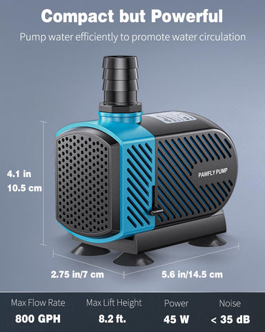 Pawfly 800 GPH pump side view, compact design fits tight spaces