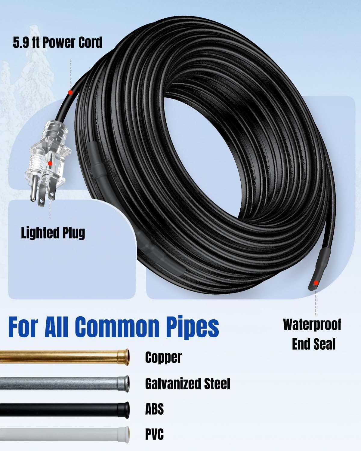 Pawfly heat tape on a metal pipe demonstrating versatile protection