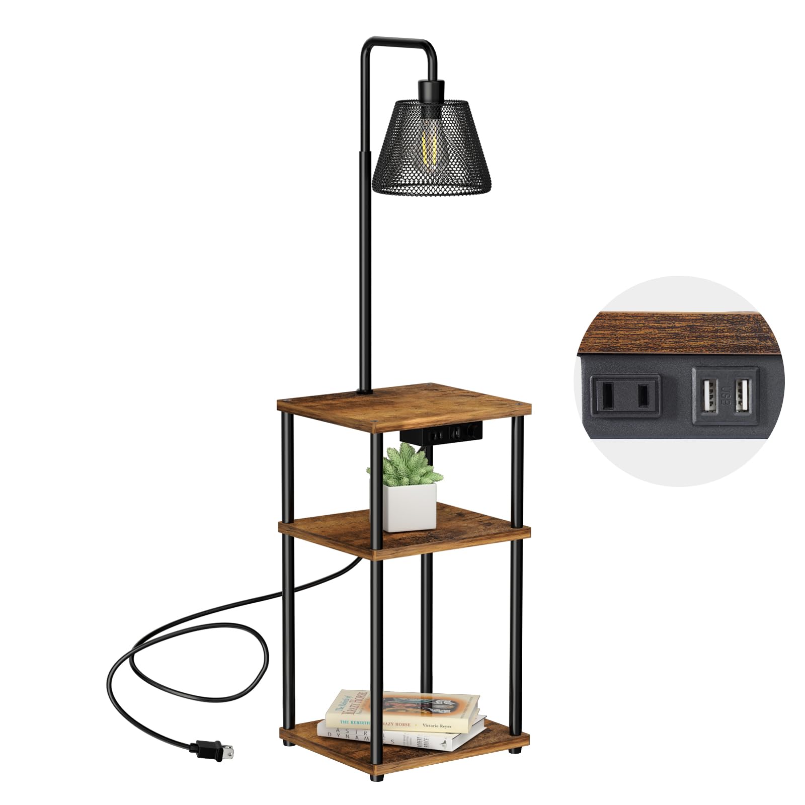 Pazarfami floor lamp with table and shelves charging devices during a cozy evening