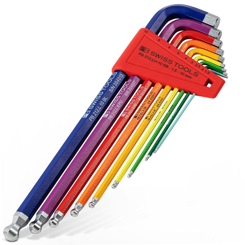 PB Swiss Tools Rainbow hex key set ball-end 1.5–10 mm for angled turning.