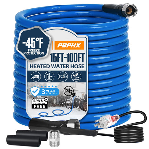PBPHX 75ft heated water hose for RV maintains flow in freezing conditions