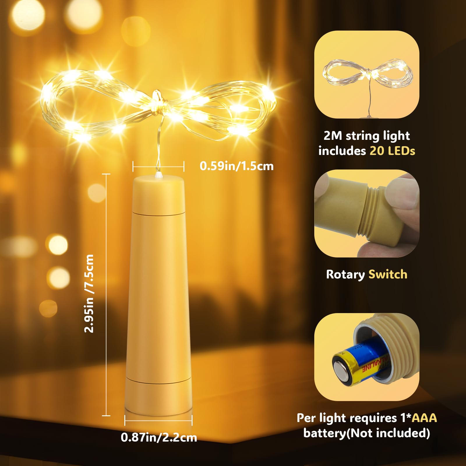 PChero cork fits standard bottle necks for quick, upcycled bottle lighting.