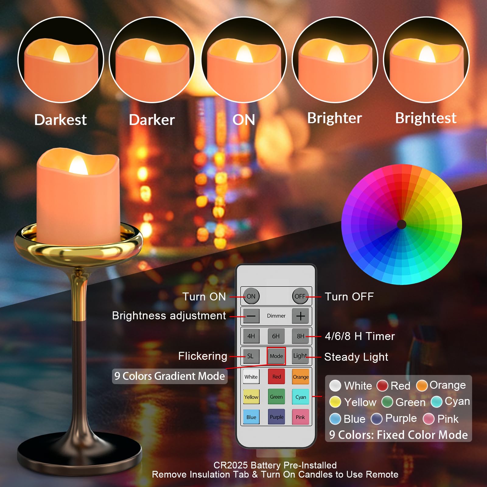 PChero remote tea light with five brightness levels for customizable glow.