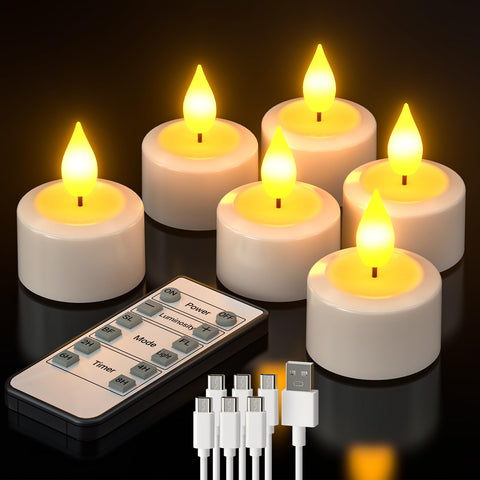 PChero 6-pack rechargeable flameless tealights on a table glow warmly for ambient lighting.