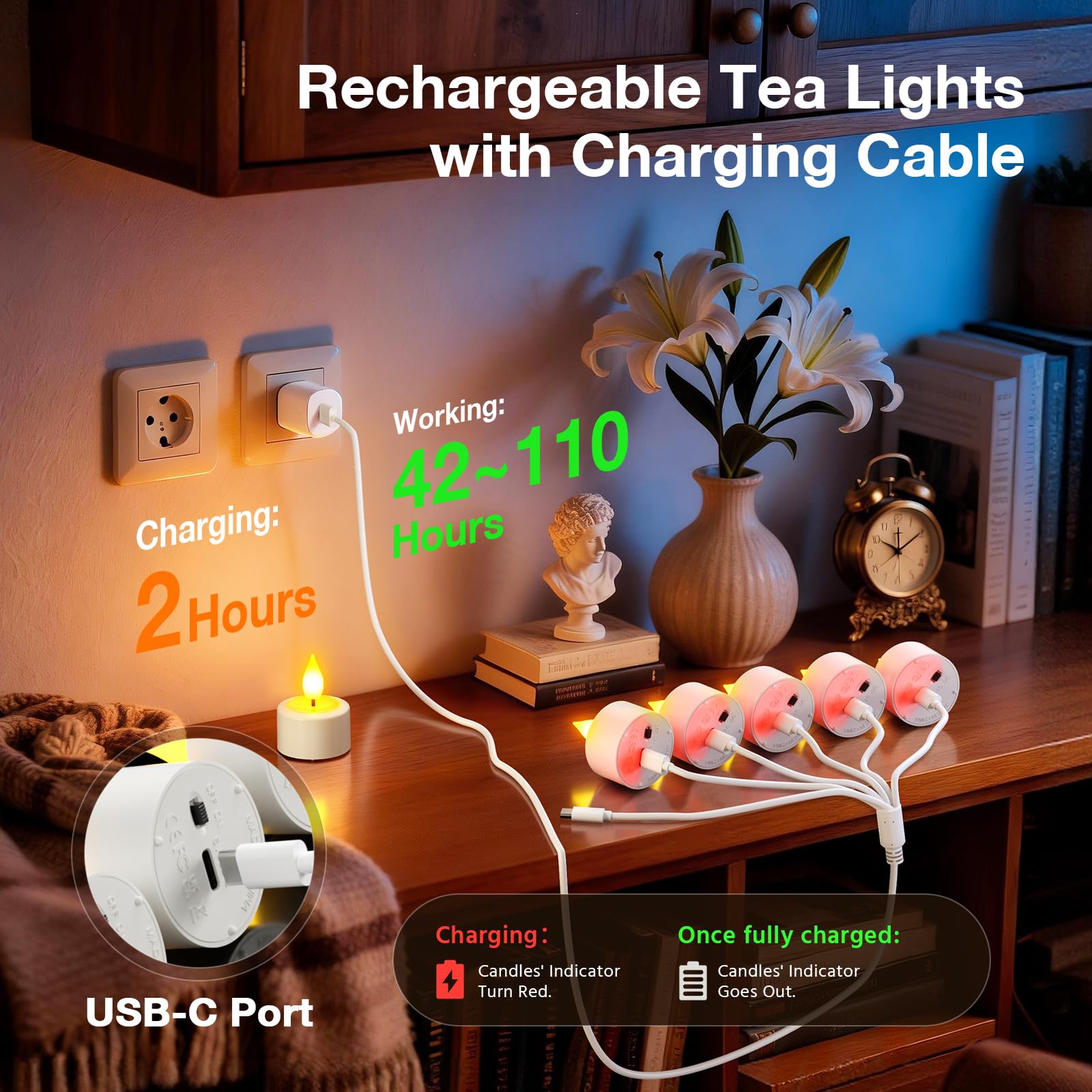 PChero USB-C charging cable with tealights in use for quick power.