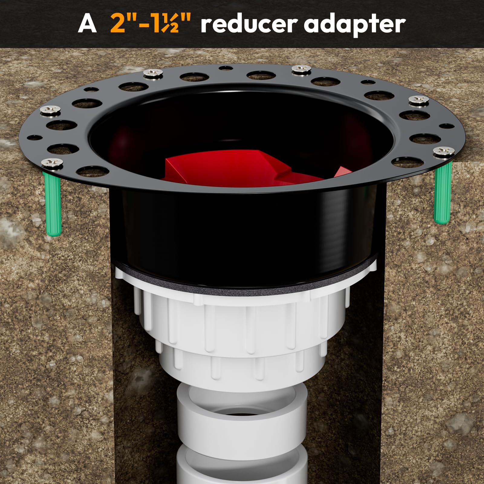 PCQSURE PVC transition adapter supports 1-1/2 inch and 2 inch drains directly.