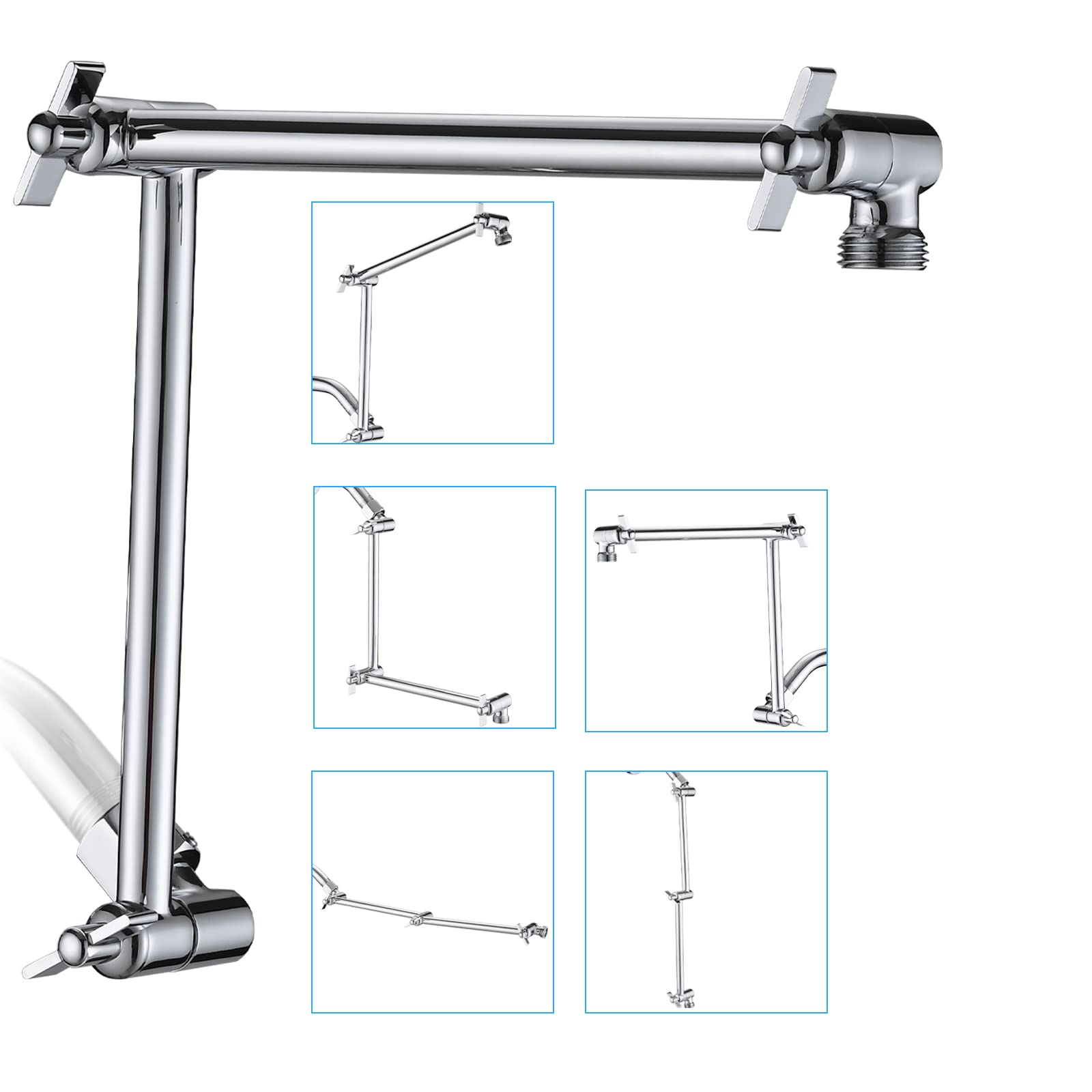 PDPBath 16-inch extension arm in chrome raises the shower head for easier reach.