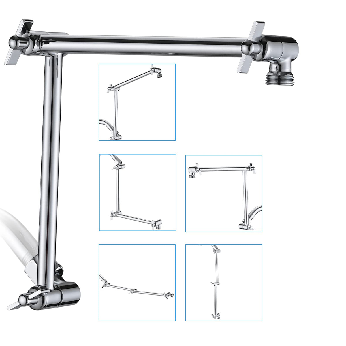 PDPBath 16-inch extension arm in chrome raises the shower head for easier reach.