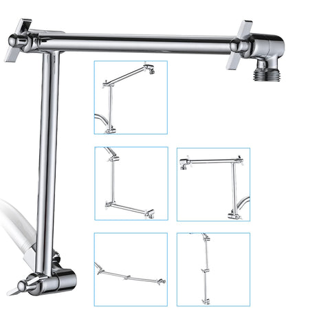 PDPBath 16-inch extension arm in chrome raises the shower head for easier reach.
