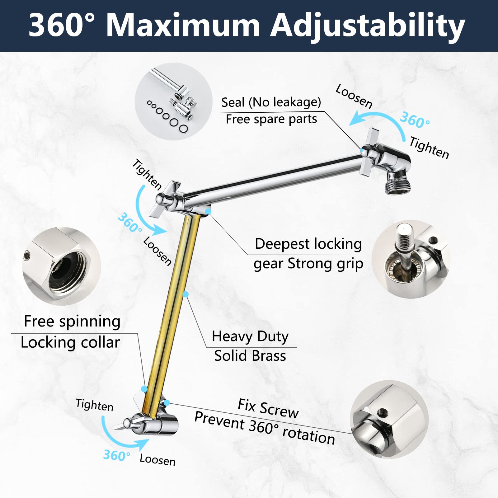 PDPBath solid brass shower arm with durable swivel joints for smooth adjustments.