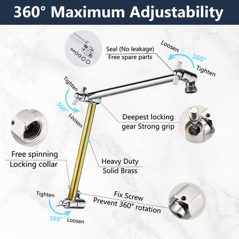 PDPBath solid brass shower arm with durable swivel joints for smooth adjustments.