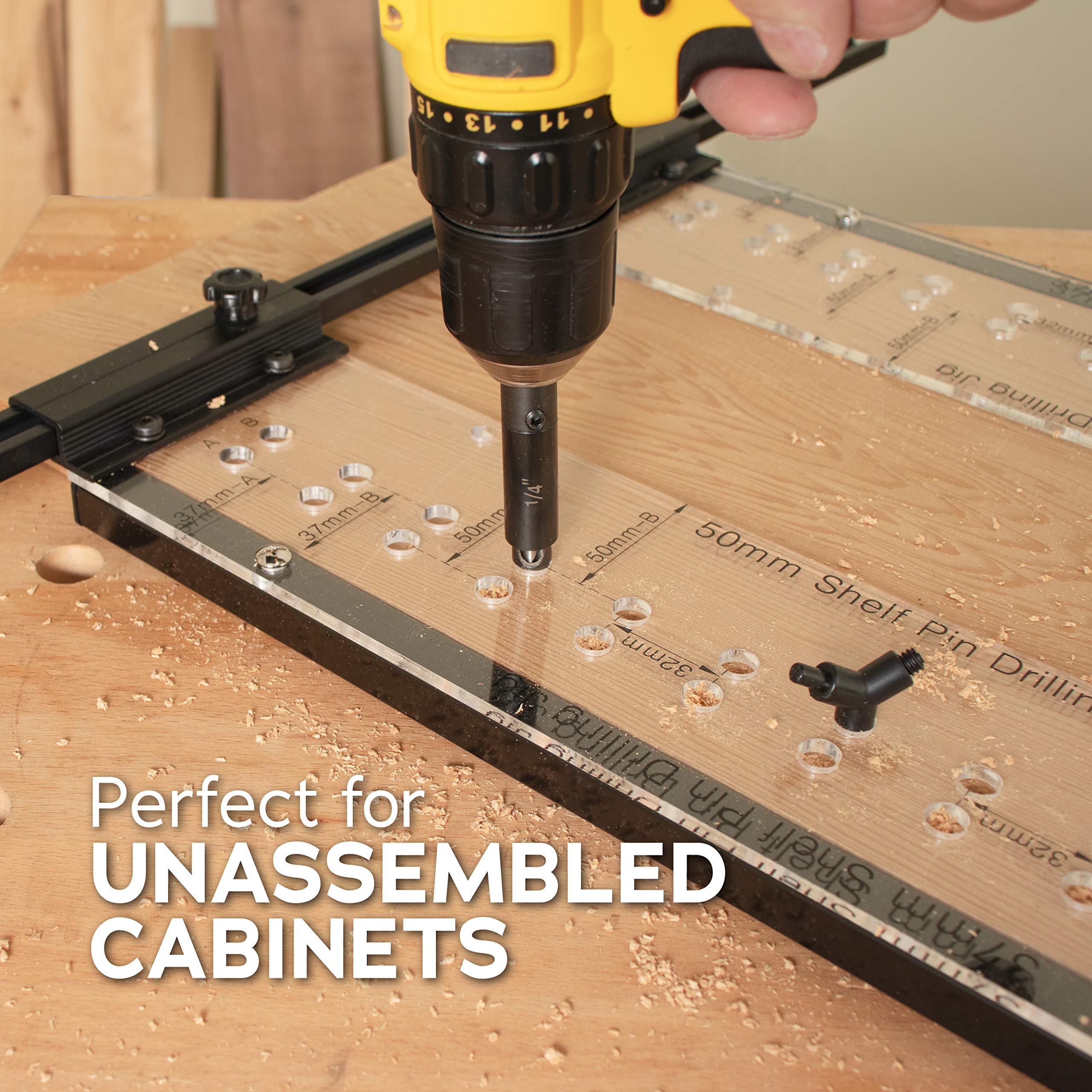 Peachtree Deluxe Dual Sided Shelf Pin Jig close-up of self-centering bits for smoother drilling.