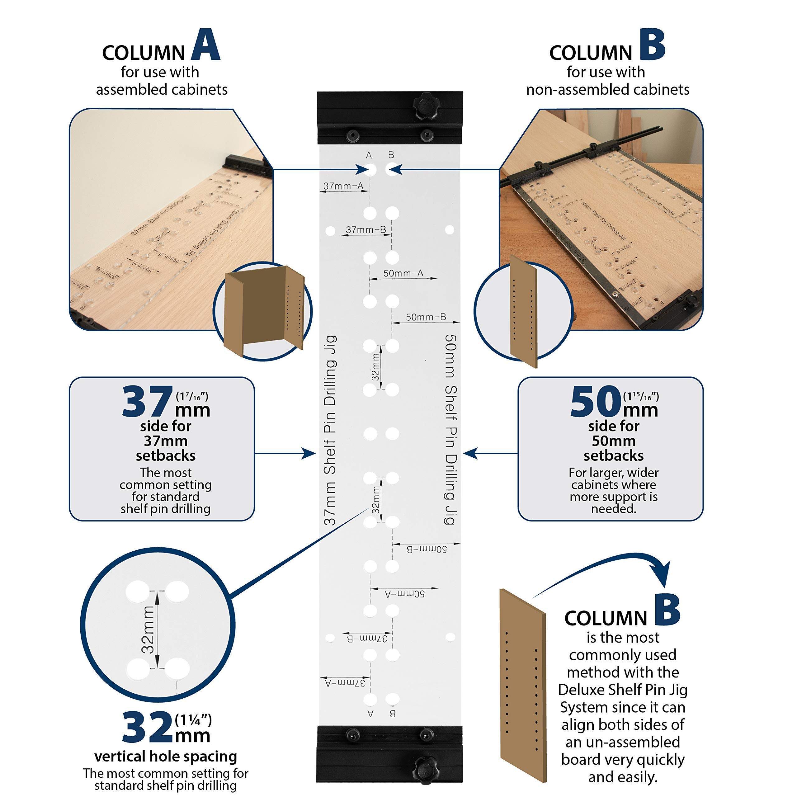 Peachtree Deluxe Dual Sided Shelf Pin Jig ensures consistent two-row drilling across projects.