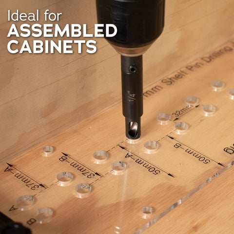 Peachtree jig mounted on cabinet illustrating accurate two-row hole alignment.