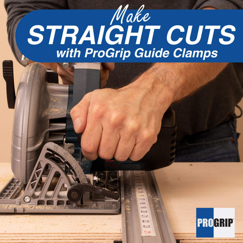 Peachtree ProGrip 50-inch aluminum edge clamp guiding a large plywood panel along a saw line.