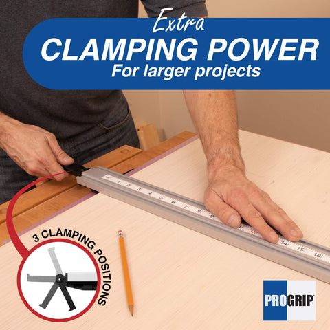 Adjustable jaw mirrors the board edge for stable cutting rails.