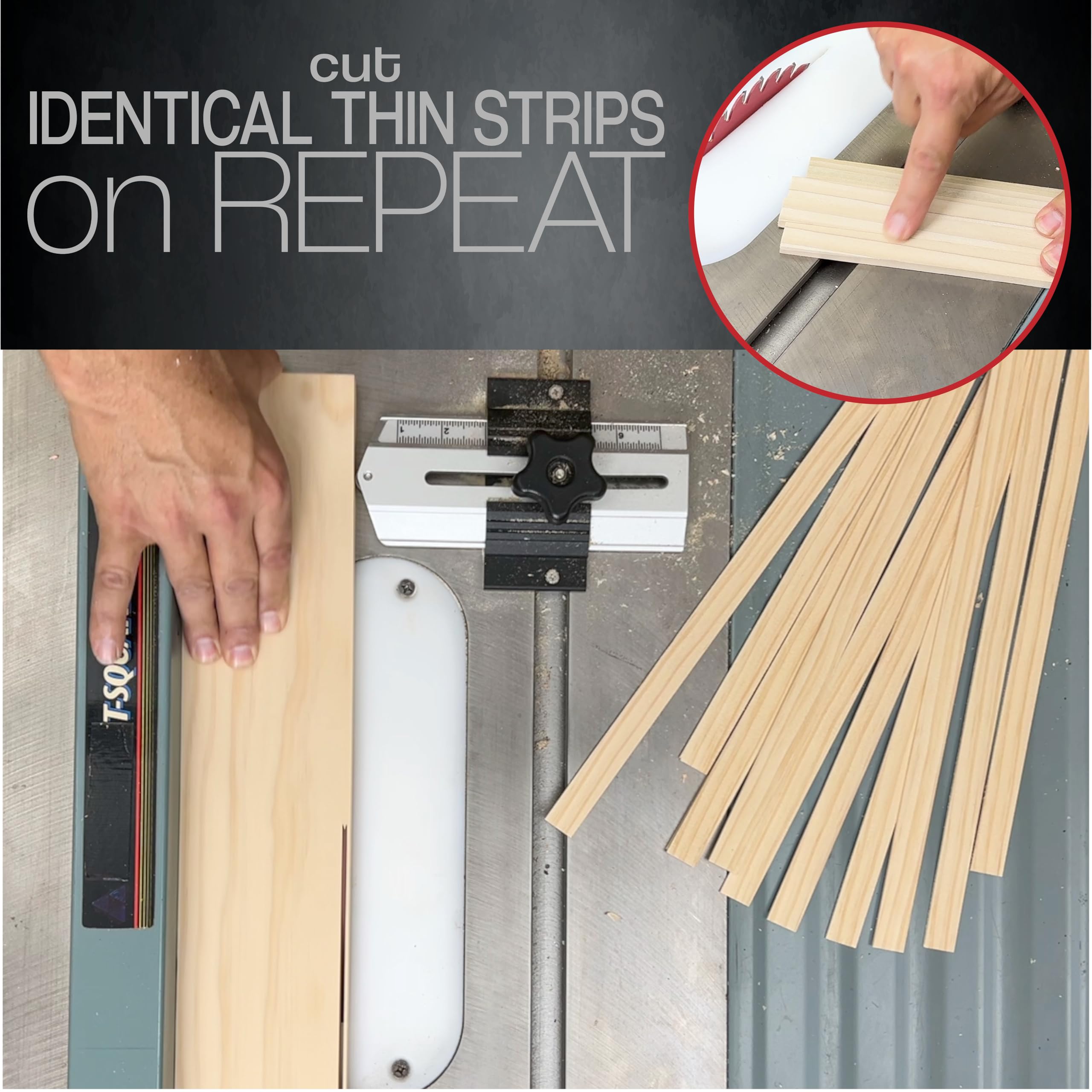 Peachtree Thin Rip Jig fence setup demonstrates quick alignment for repeatable narrow cuts