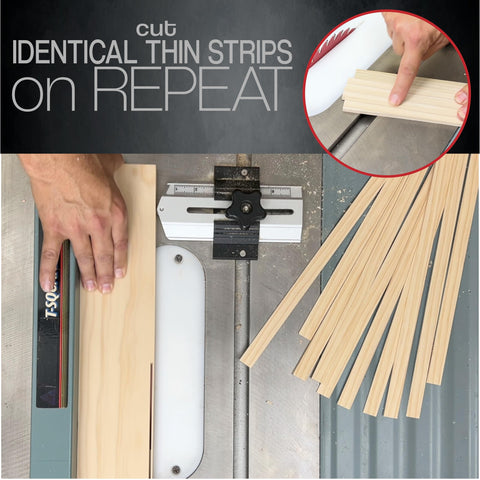 Peachtree Thin Rip Jig fence setup demonstrates quick alignment for repeatable narrow cuts