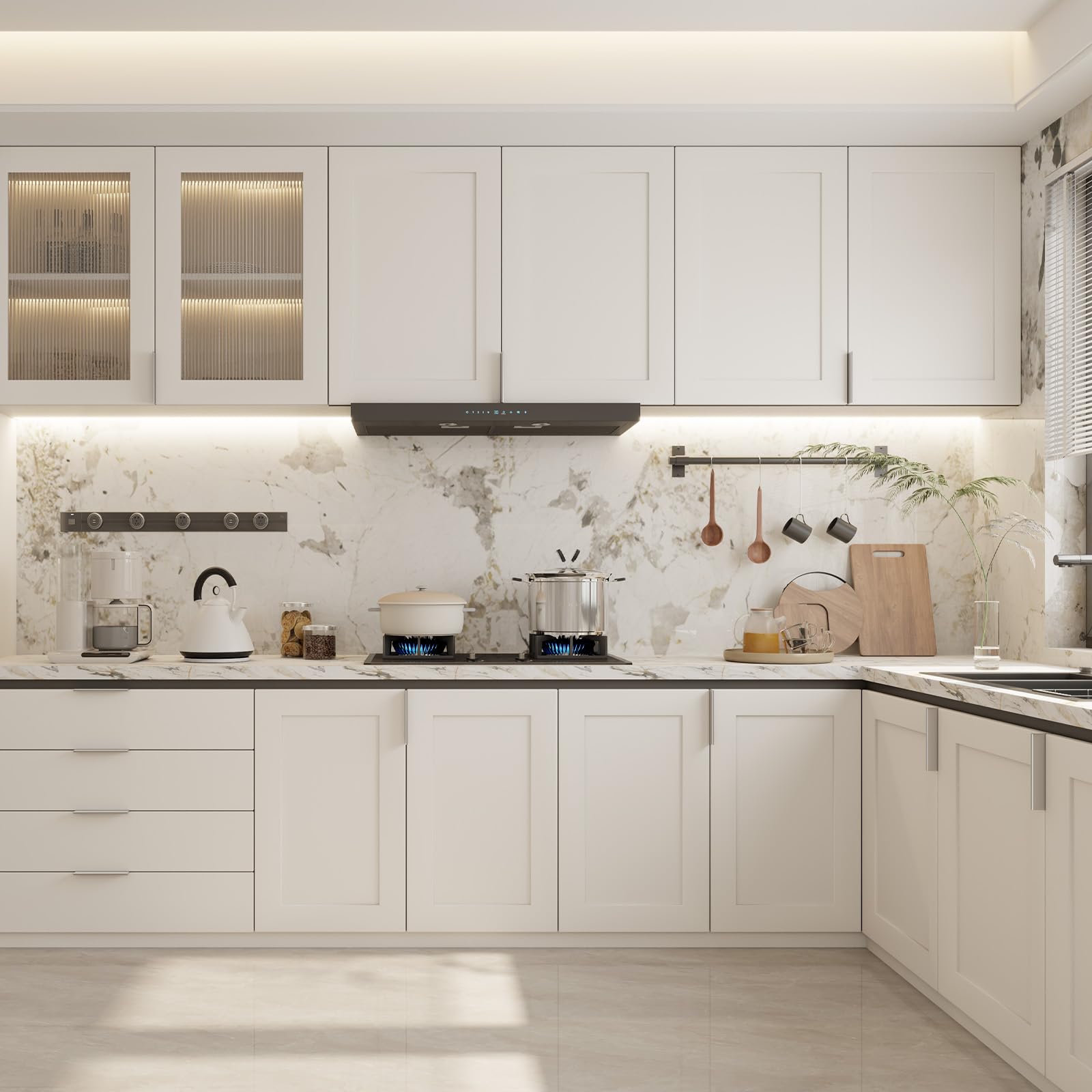 100mm length pulls balance tall doors with a proportional look.