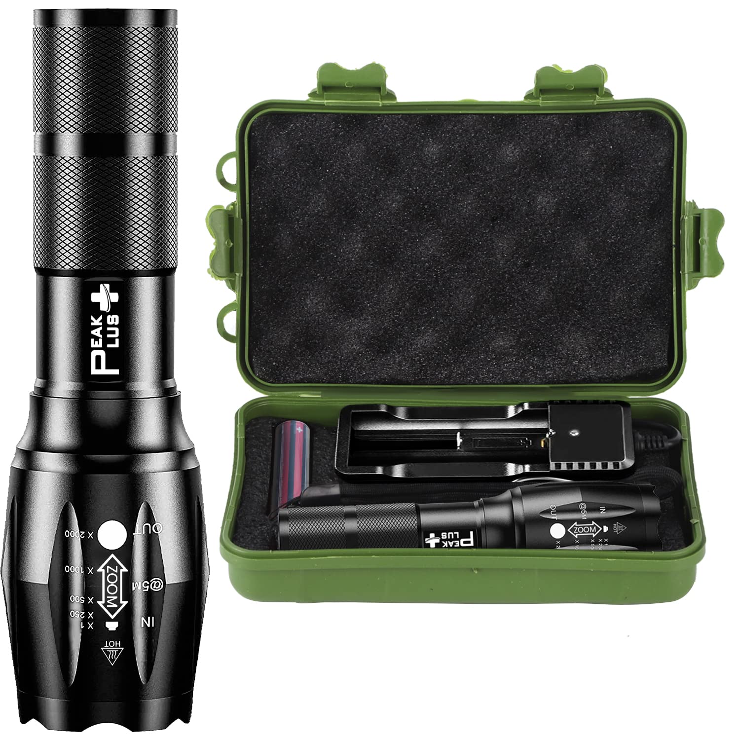 PeakPlus LFX1000 front view, compact tactical flashlight for camping and emergencies.