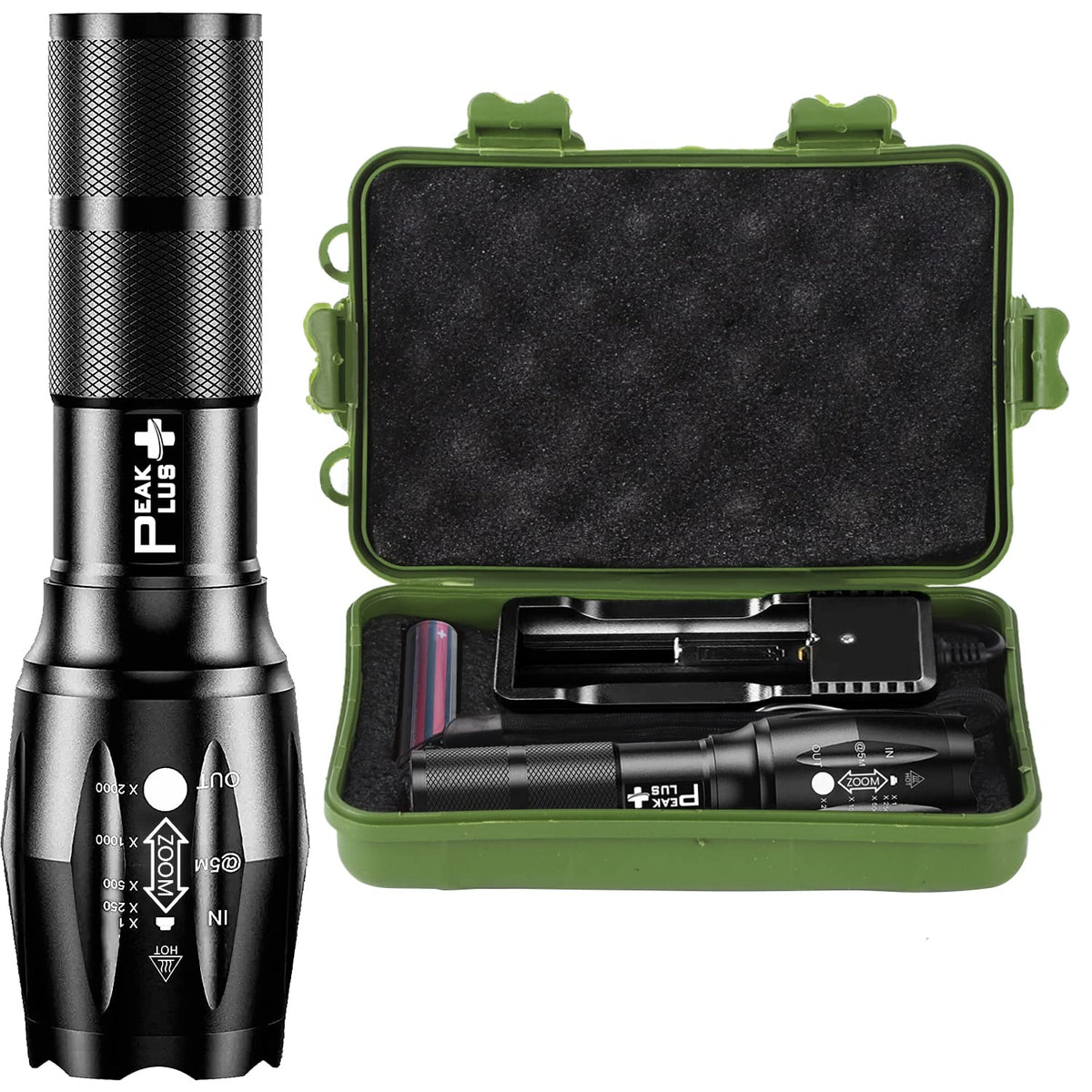 PeakPlus LFX1000 front view, compact tactical flashlight for camping and emergencies.