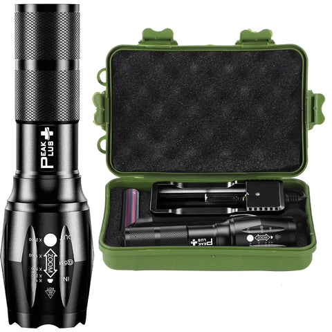 PeakPlus LFX1000 front view, compact tactical flashlight for camping and emergencies.