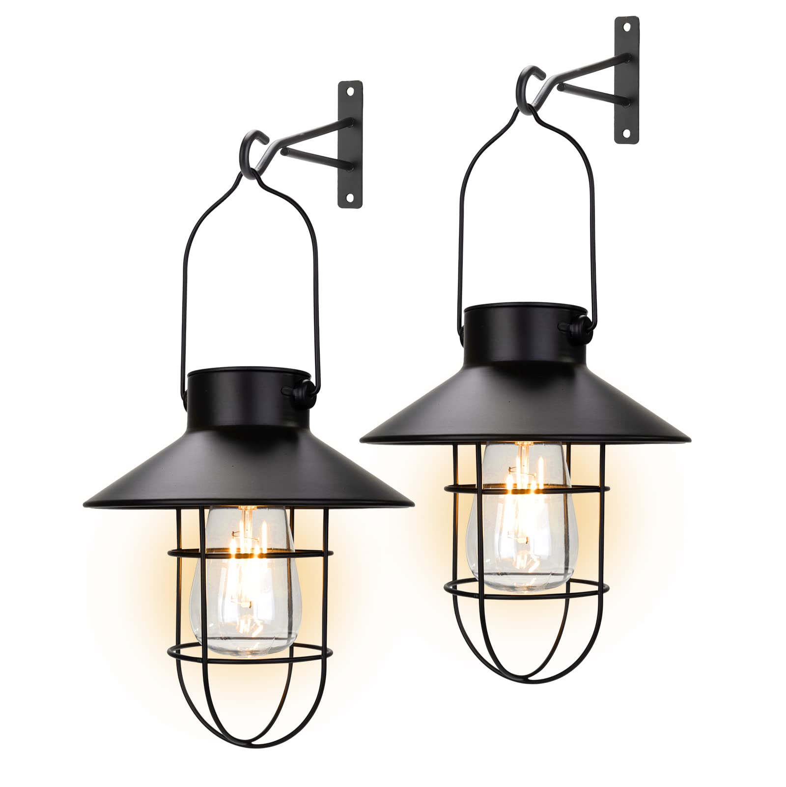 Pearlstar metal lantern hanging in a garden adds ambient warm light.