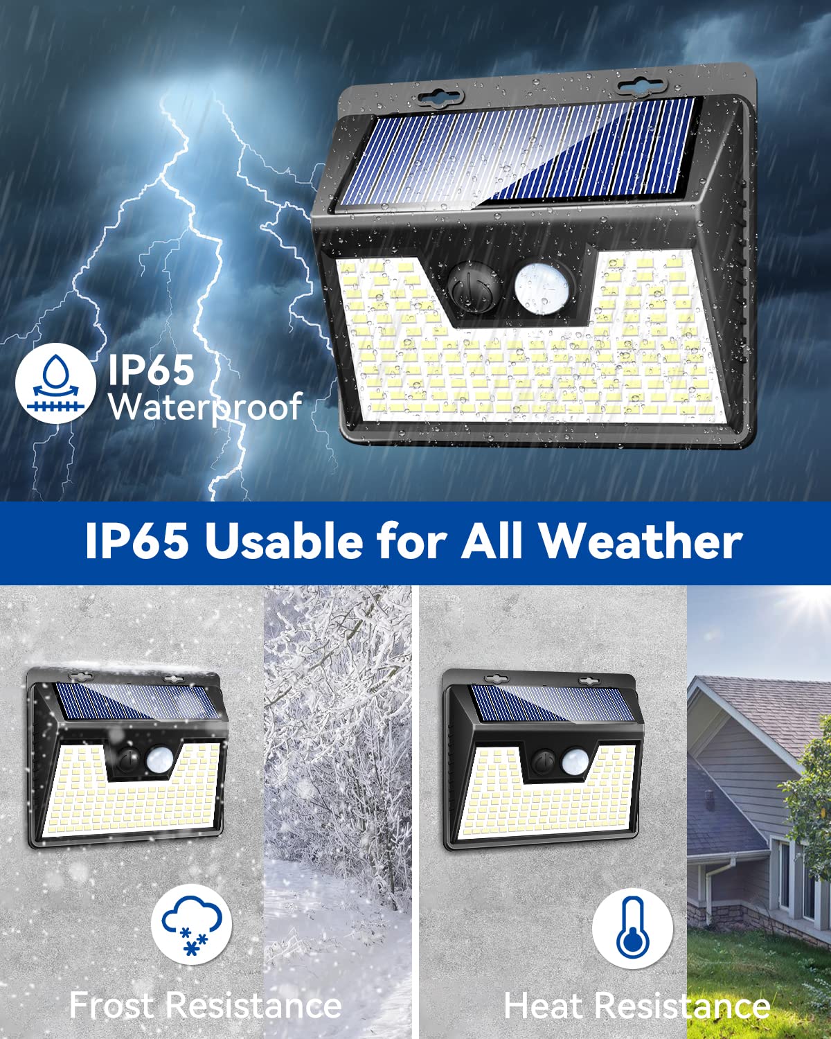 Peasur IP65 waterproof solar light withstands rain and wind.