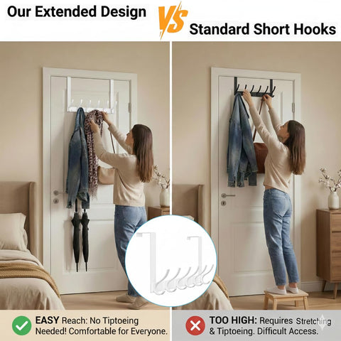 Peasulin over-the-door hook extends 11 inches for easier reach.