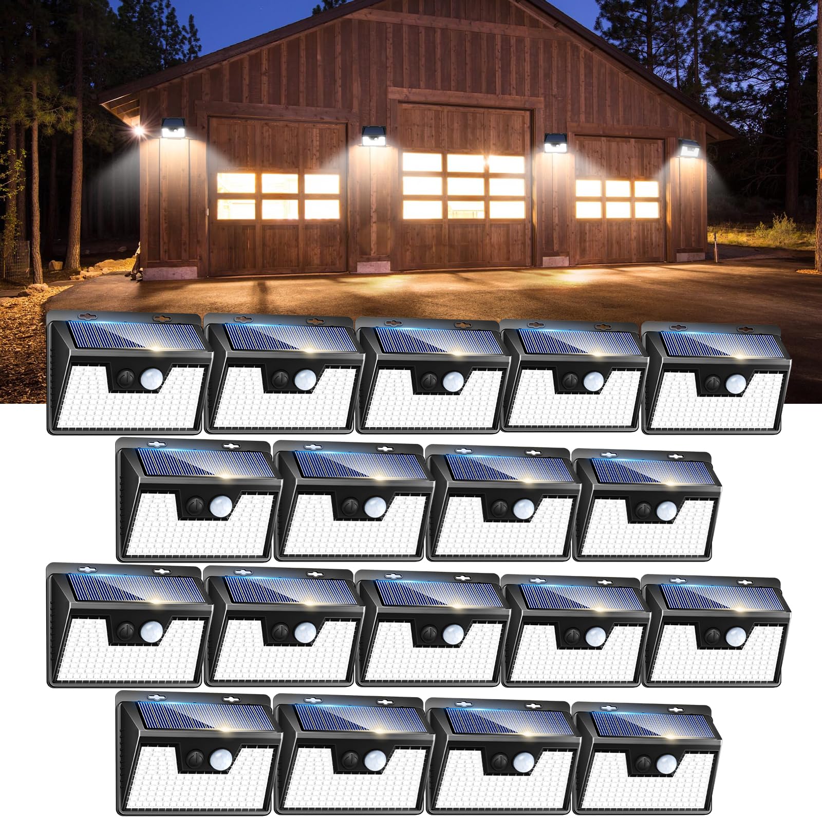 Peasur 18-pack 140 LED outdoor lights illuminate patios and fences with broad coverage.