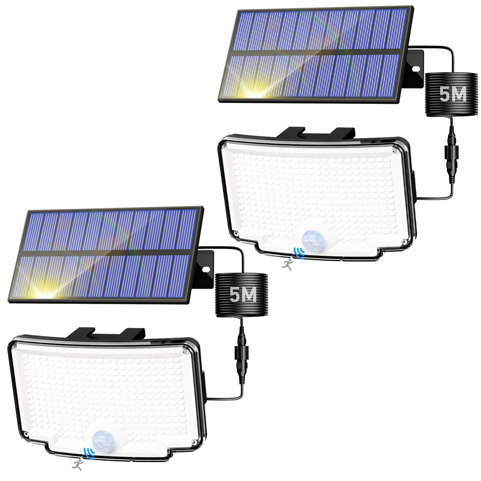 Peasur 2-pack solar motion lights mounted on exterior wall for bright safety illumination