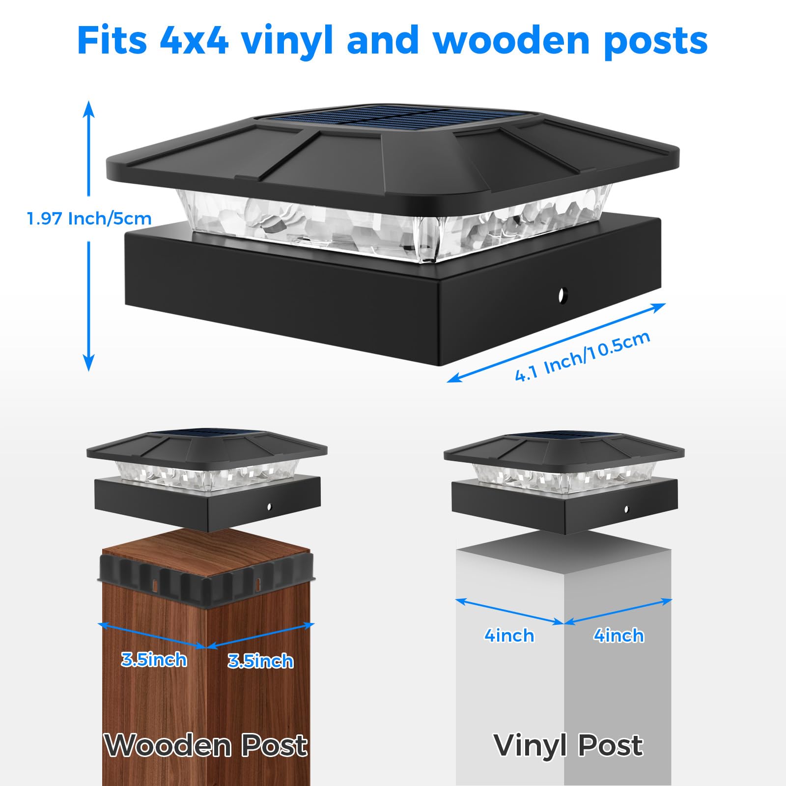 Peasur 4x4 solar post-cap light with adapter fits 3.5×3.5 posts securely