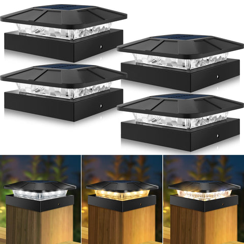 Peasur 4x4 solar post cap lights on a wooden post showing all-weather use