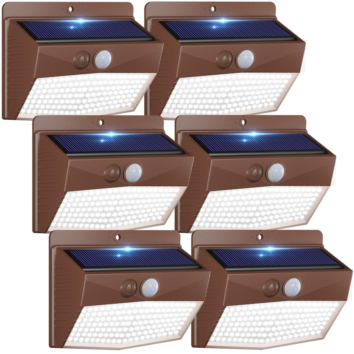 Peasur brown solar outdoor lights along a fence providing ambient illumination