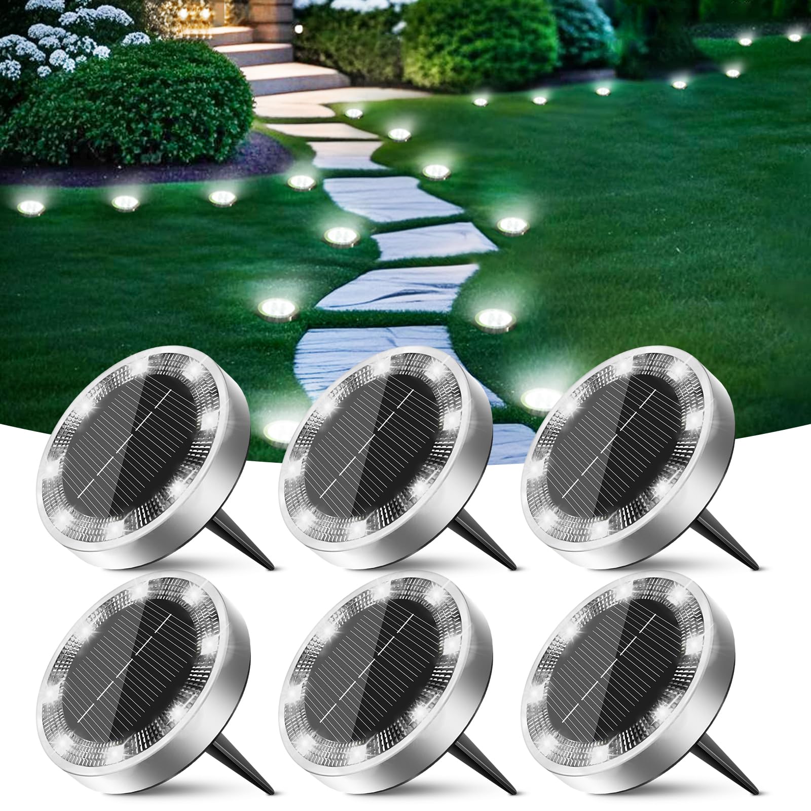 Peasur solar disc light close-up highlighting bright LEDs for clear pathway lighting.