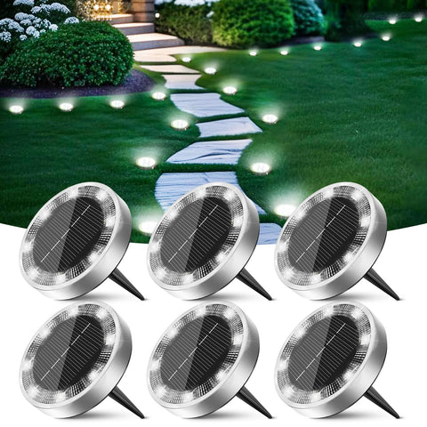Peasur solar disc light close-up highlighting bright LEDs for clear pathway lighting.