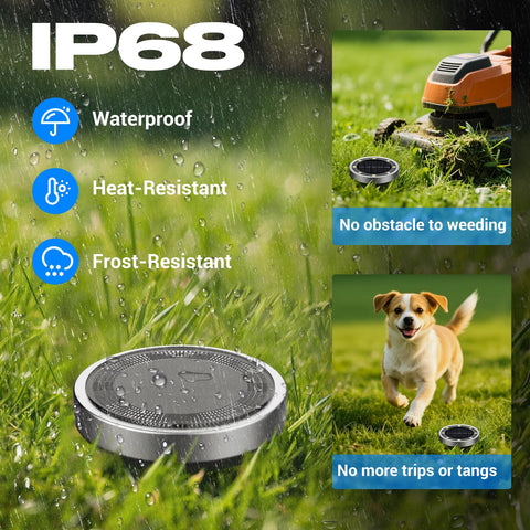 Peasur solar disc light showing IP68 rating in harsh weather.