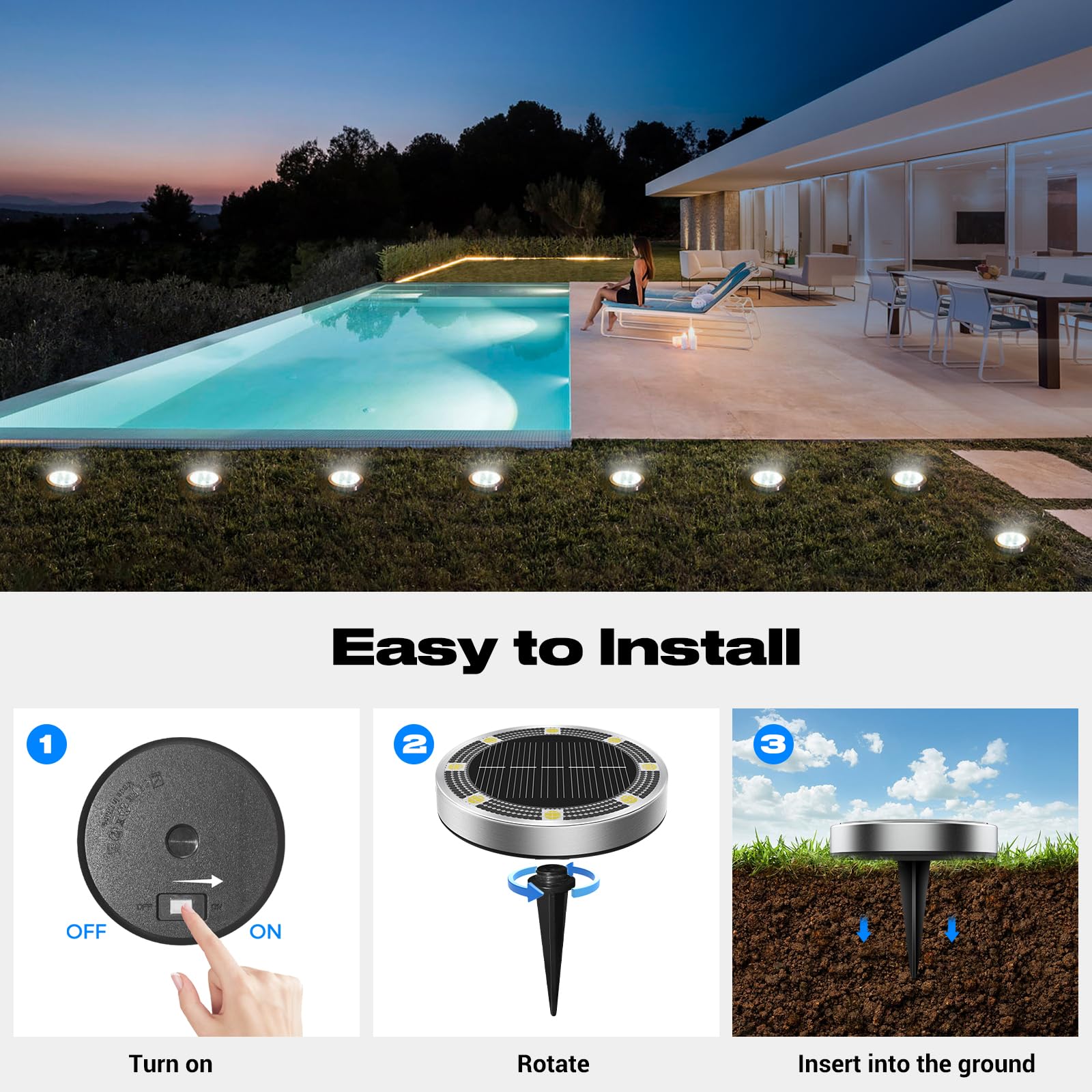 Peasur solar disc light with stainless steel spike for sturdy ground installation.