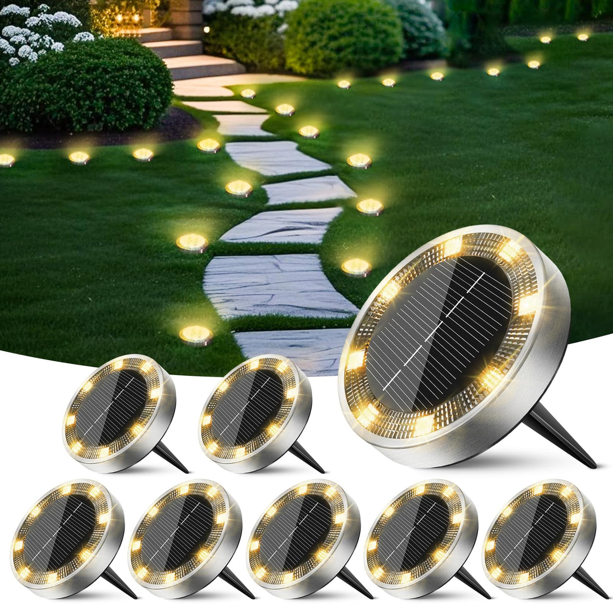 Peasur solar disc light for pathway with warm white glow and safe night guidance