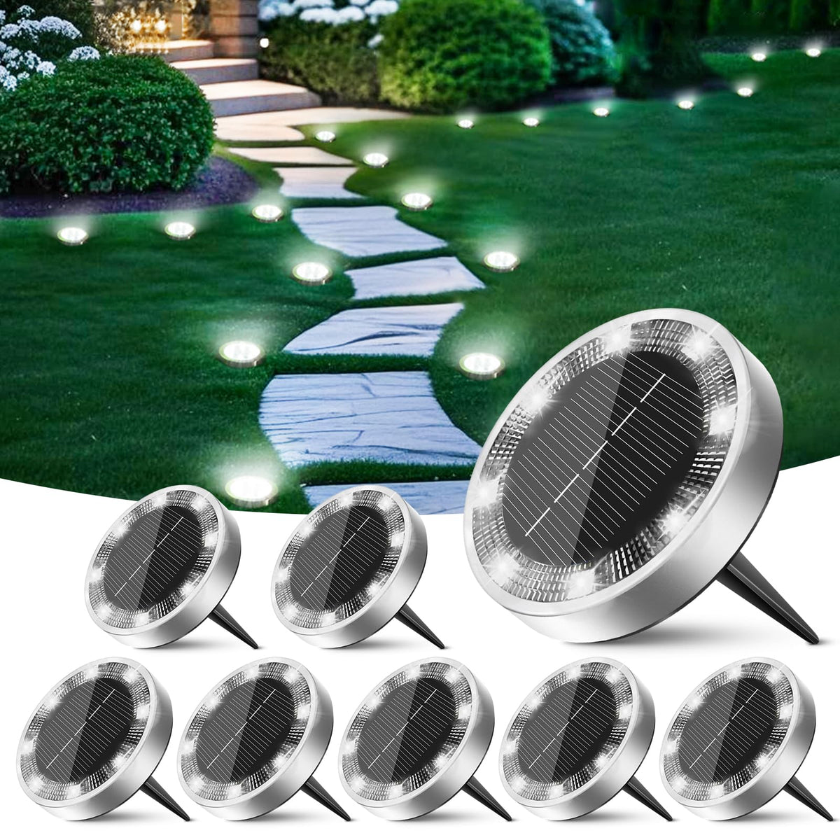 Peasur solar ground light disk 8-pack illuminates pathways with energy-efficient glow.