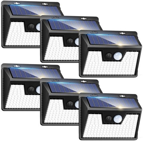 Peasur outdoor motion-sensor solar lights illuminate entryways at night.