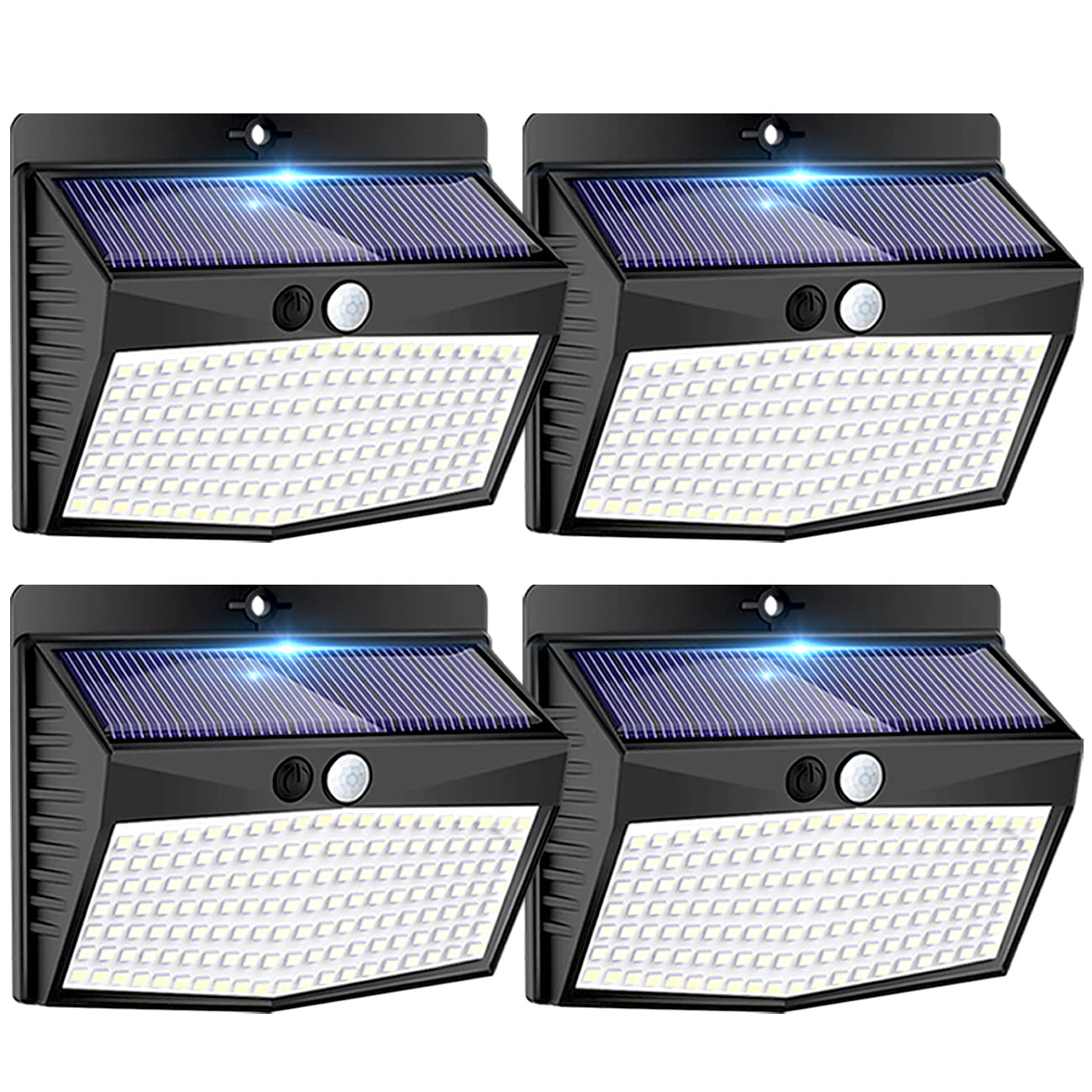 Peasur 138-LED solar outdoor lights, front view, broad illumination for pathways.