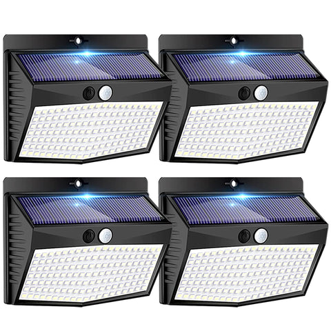 Peasur 138-LED solar outdoor lights, front view, broad illumination for pathways.