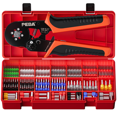 PEBA ferrule crimping tool kit with self-adjusting ratchet for consistent crimps.
