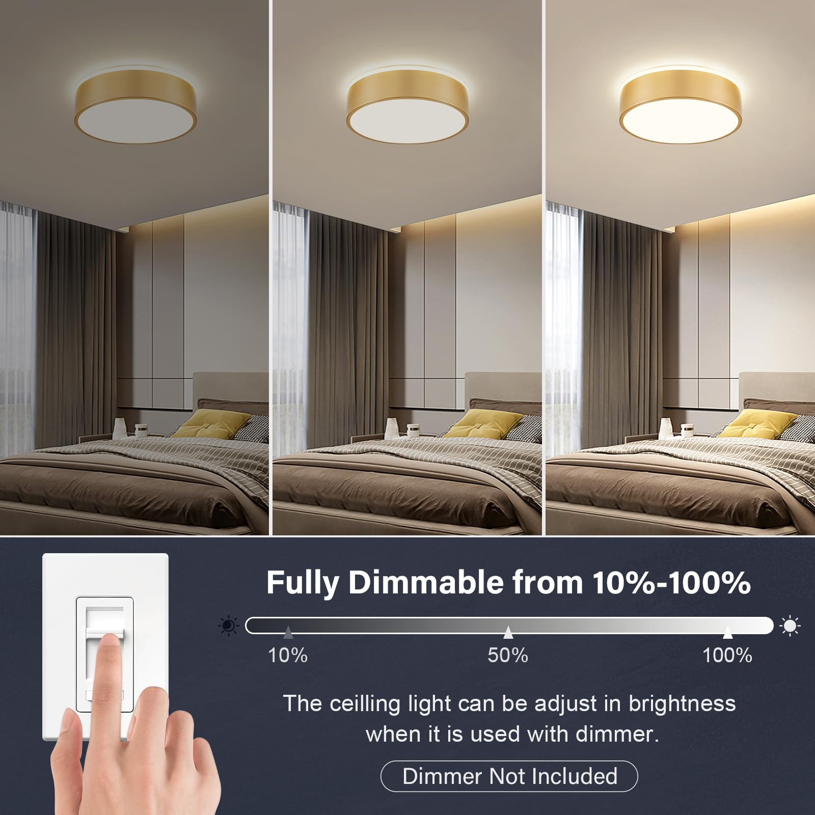 Peblto dimmed-effect gold LED ceiling light showing soft glare-free illumination