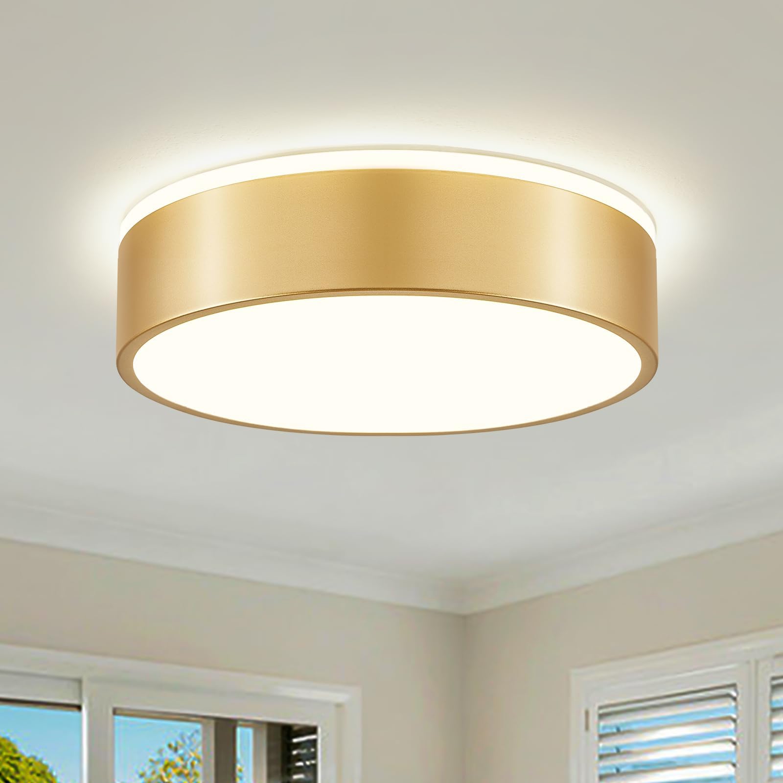 Peblto dimmable gold LED ceiling light front view with warm to cool ambience