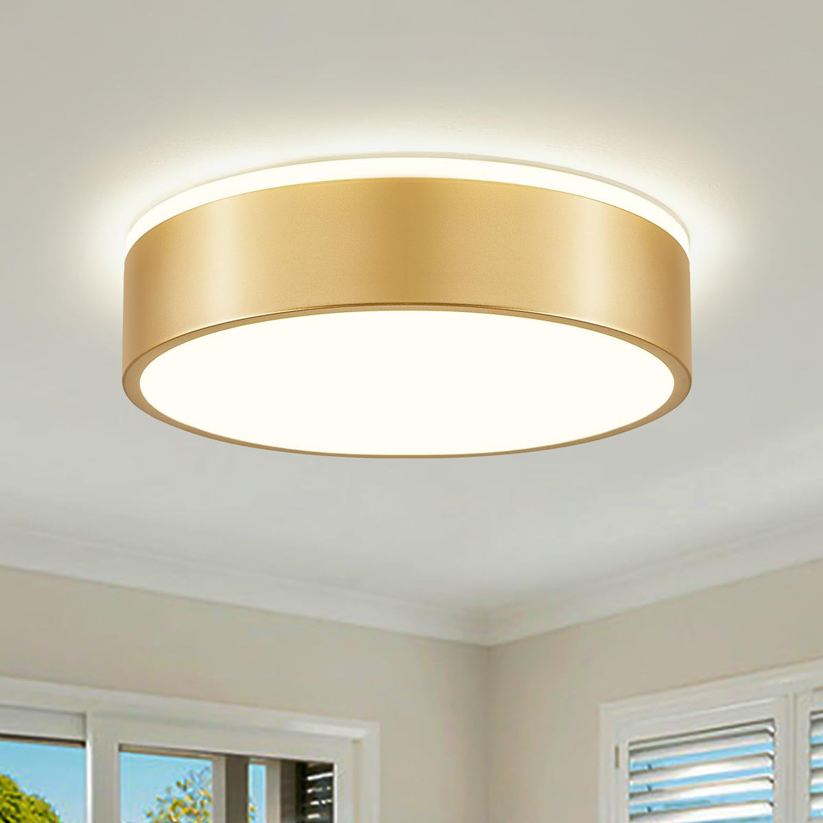 Peblto dimmable gold LED ceiling light front view with warm to cool ambience