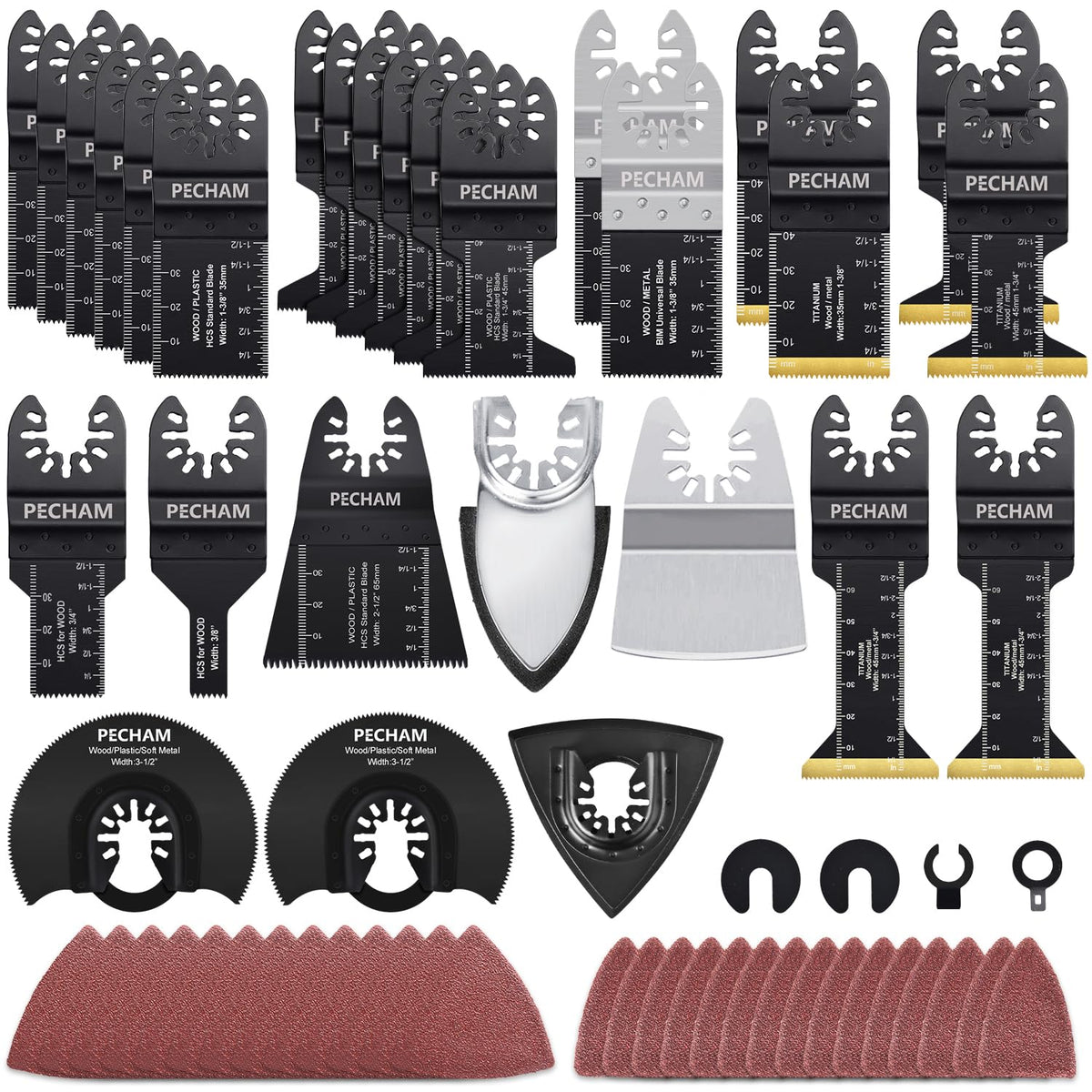 PECHAM 128pcs oscillating blades pack for wood and metal cutting.