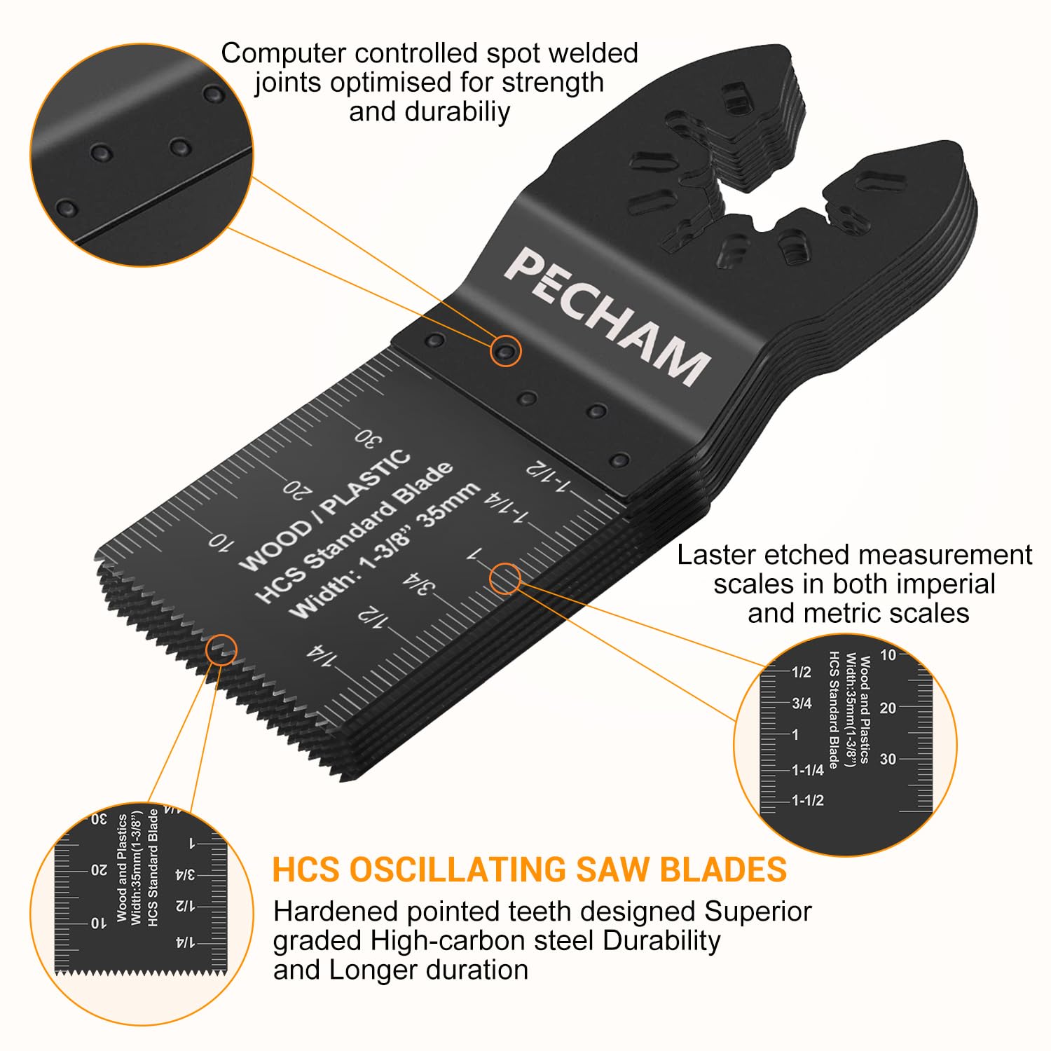 Pecham blades feature built-in length markers for accurate cuts