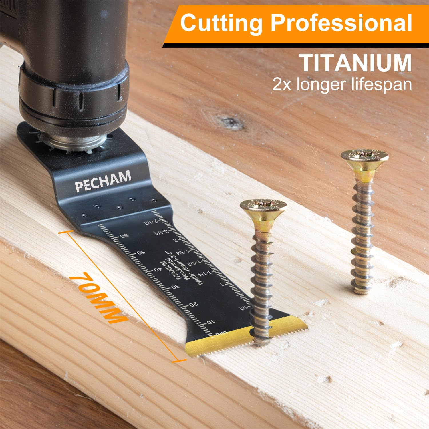 PECHAM titanium-coated blades with orange teeth for durable cuts.